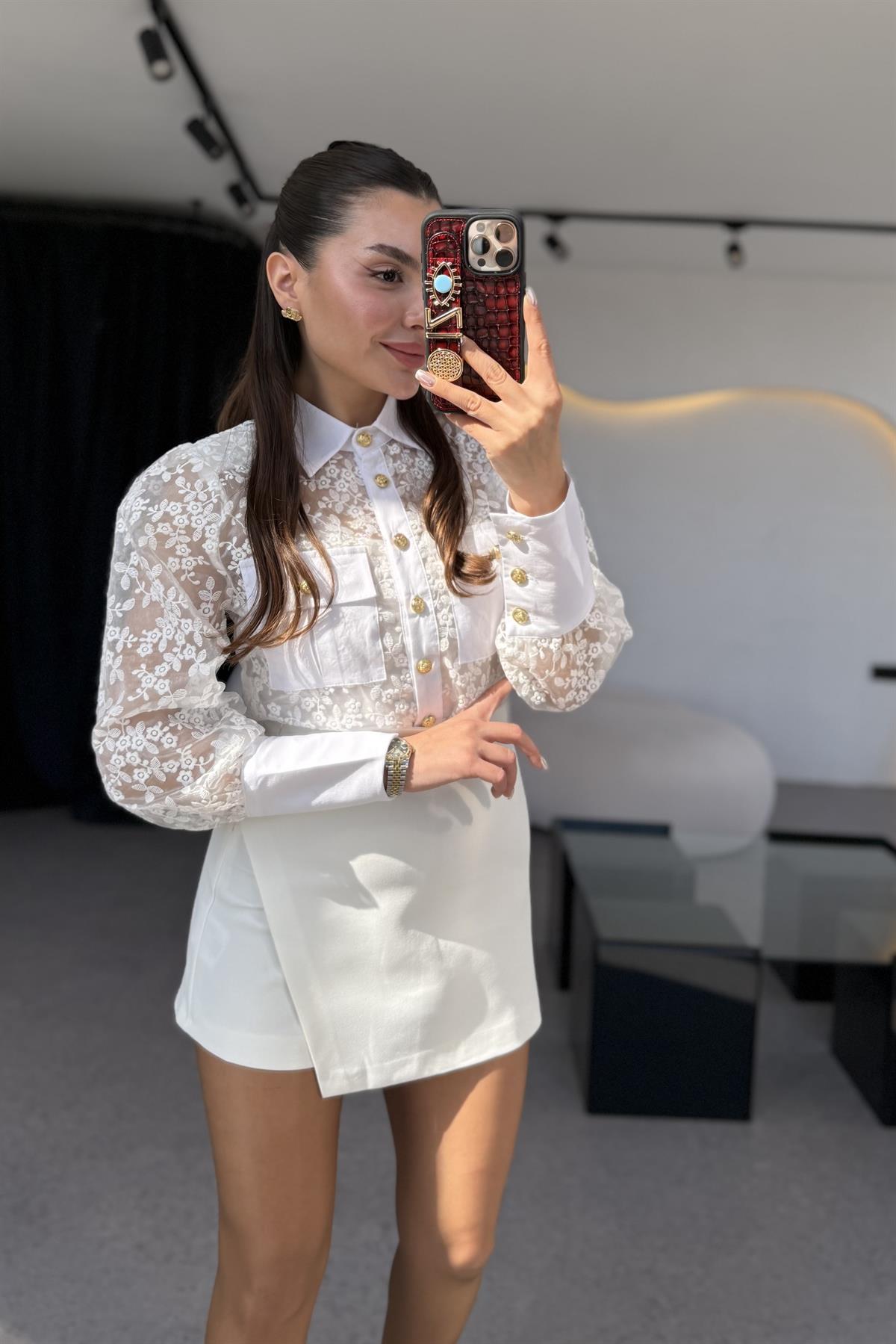 Libre Beyaz Dantel Astarlı Gömlek 