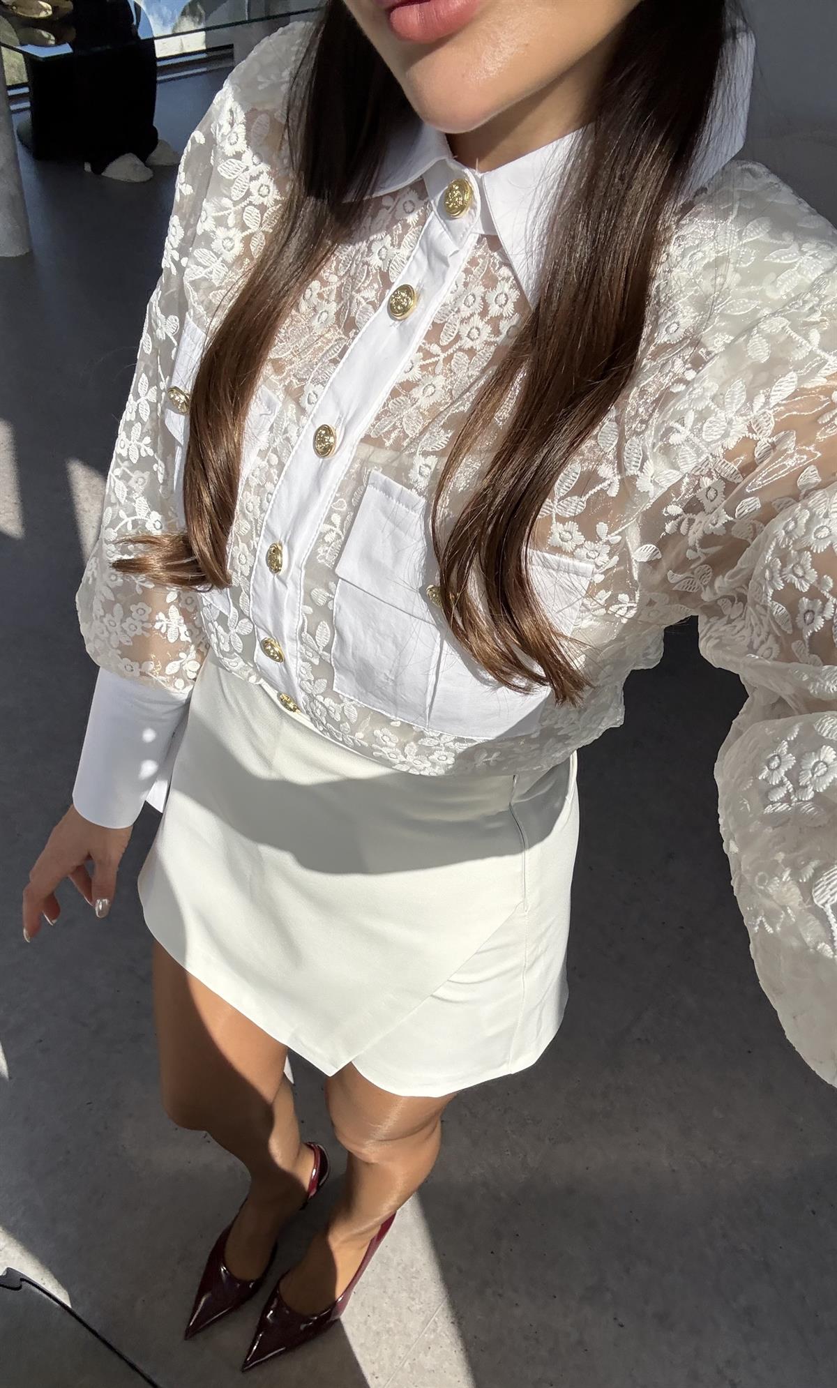 Libre Beyaz Dantel Astarlı Gömlek 