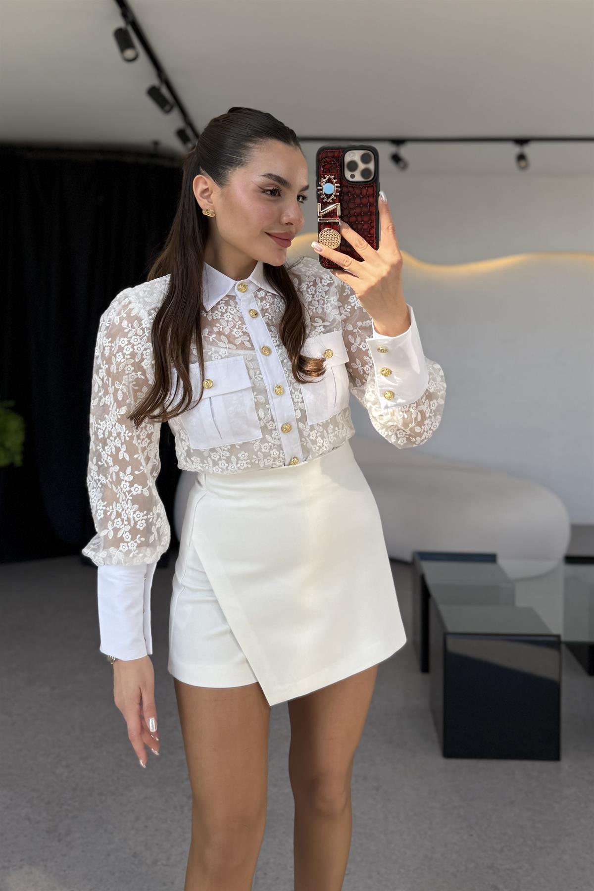 Libre Beyaz Dantel Astarlı Gömlek 