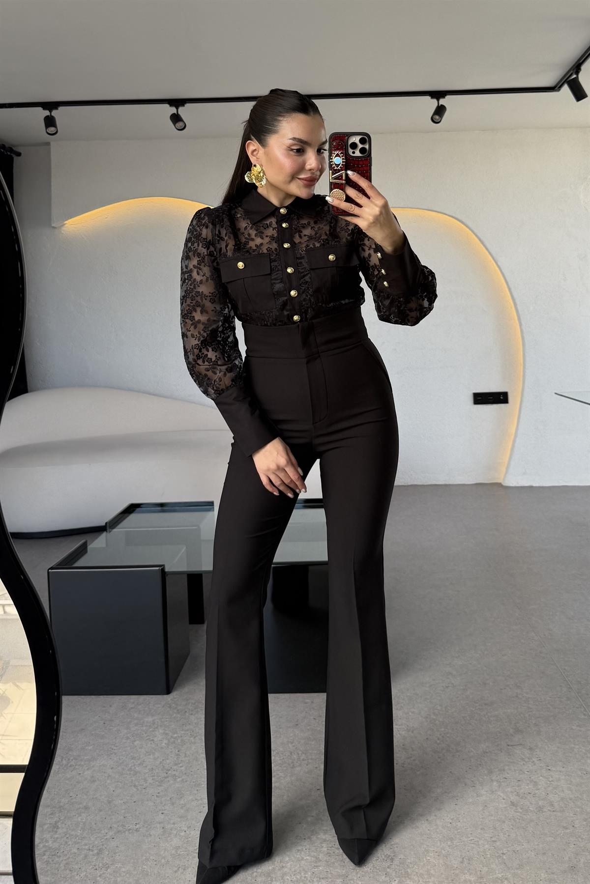 Libre Siyah Dantel Astarlı Gömlek 