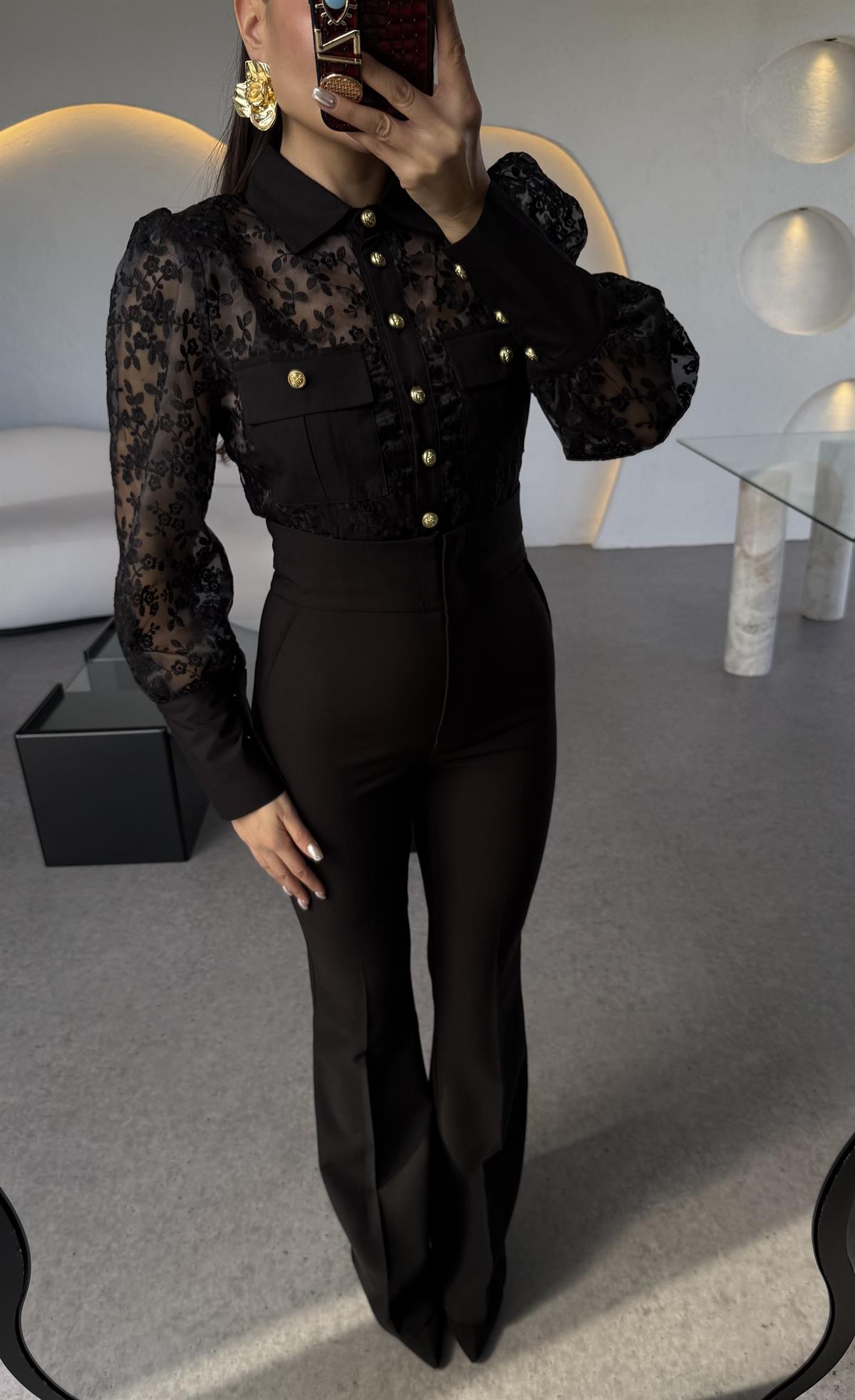 Libre Siyah Dantel Astarlı Gömlek 