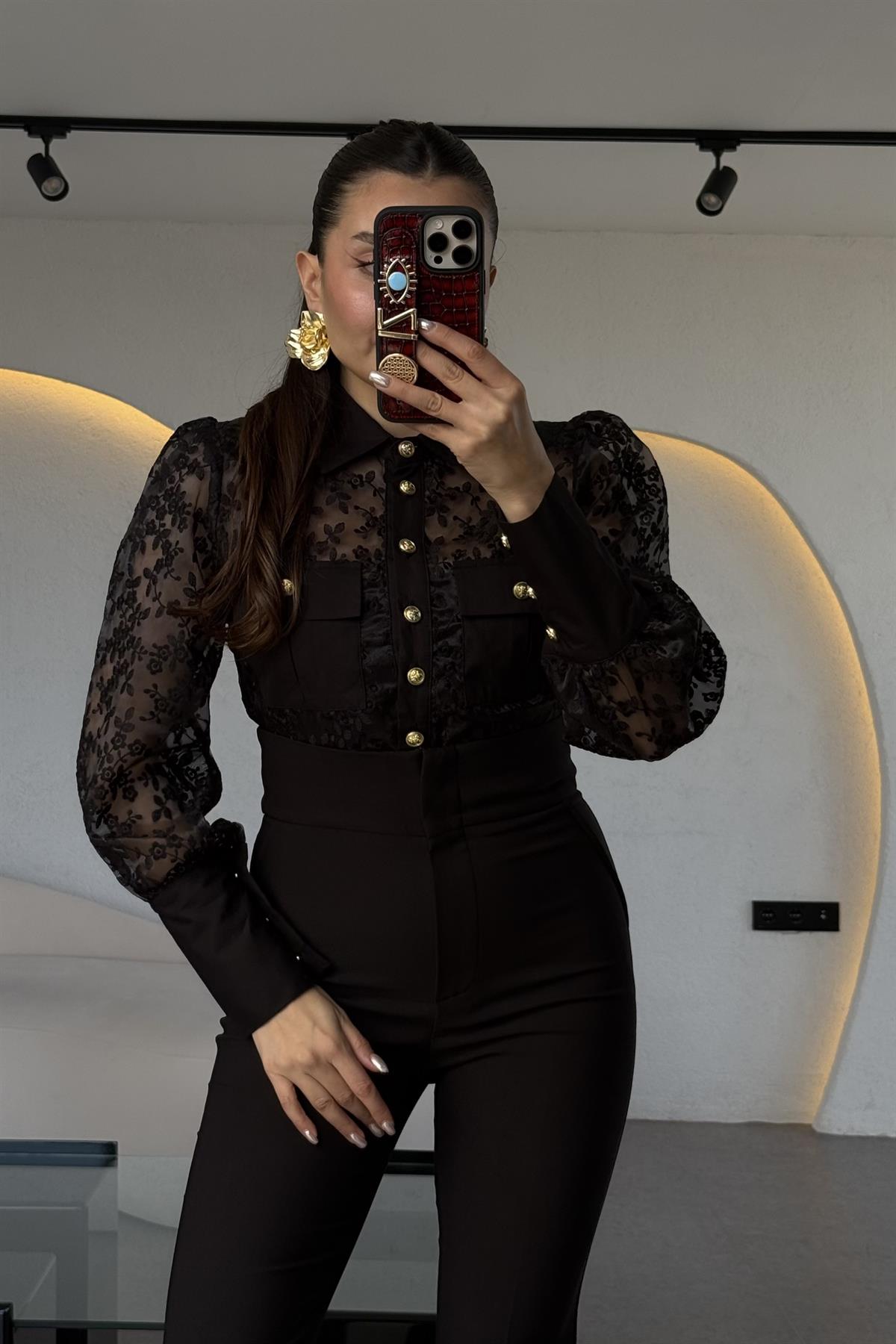 Libre Siyah Dantel Astarlı Gömlek 