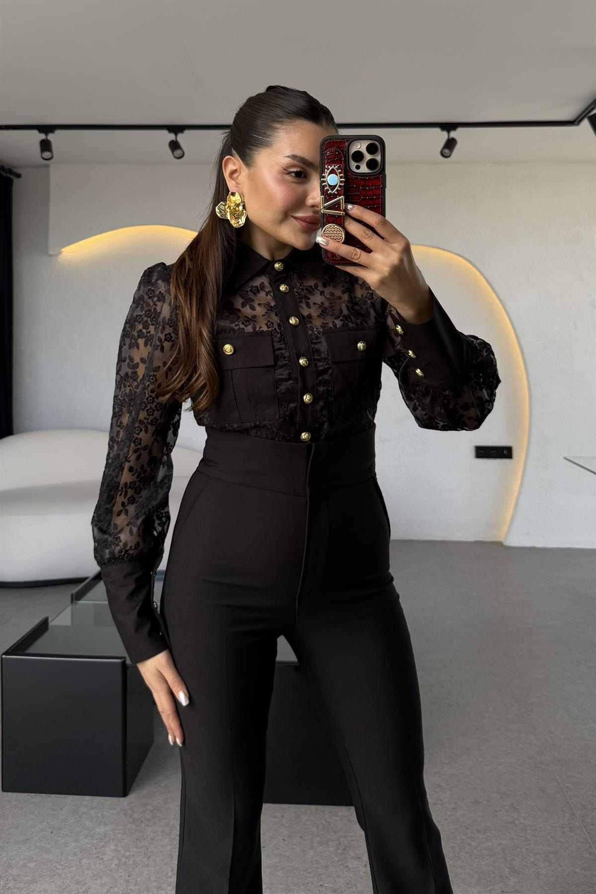 Libre Siyah Dantel Astarlı Gömlek 