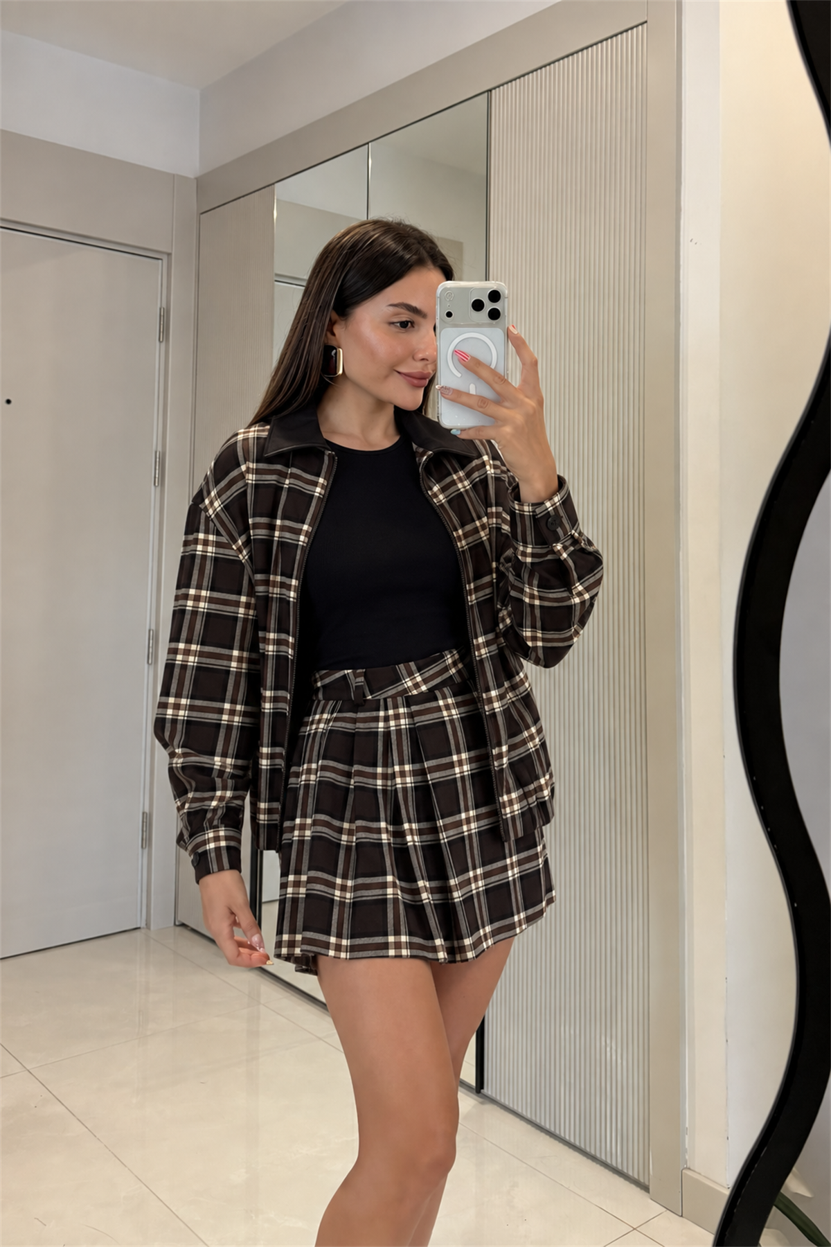 Licente Kahve Ekose Şort Etek Ceket Takım
