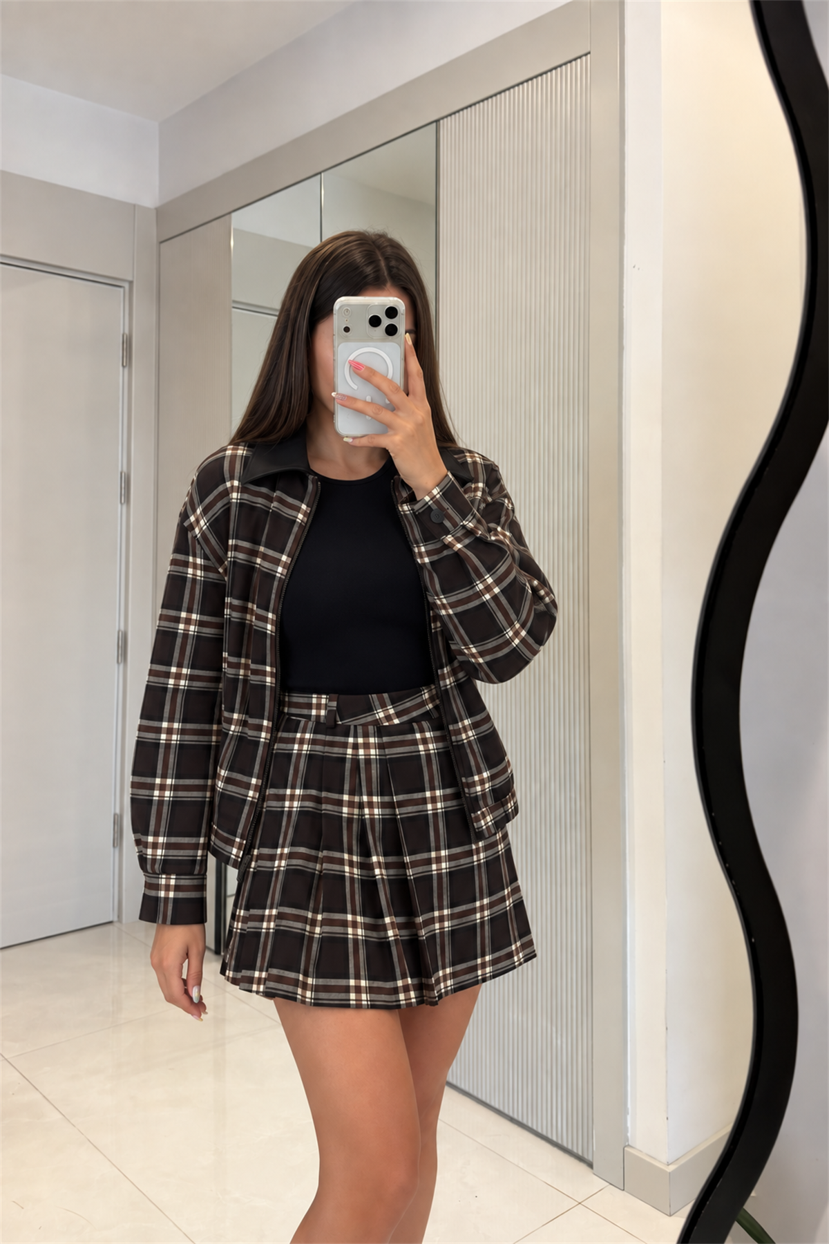Licente Kahve Ekose Şort Etek Ceket Takım