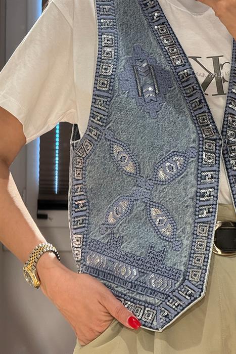 Lidia Taş İşlemeli  Denim Yelek 