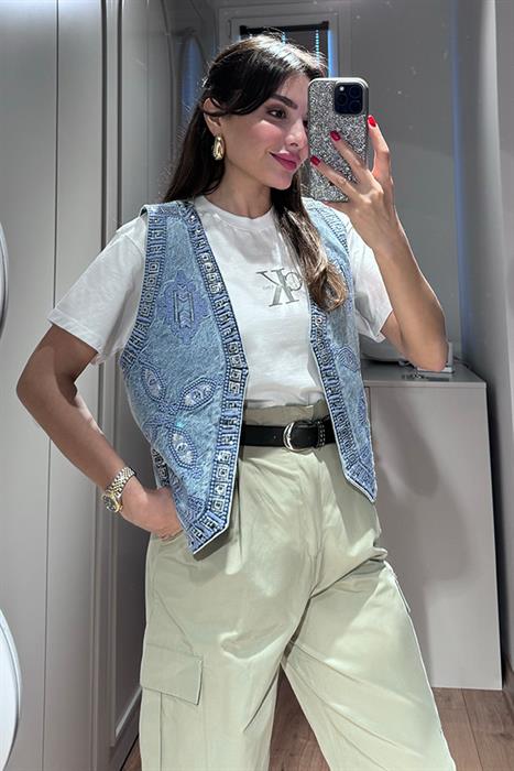 Lidia Taş İşlemeli  Denim Yelek 