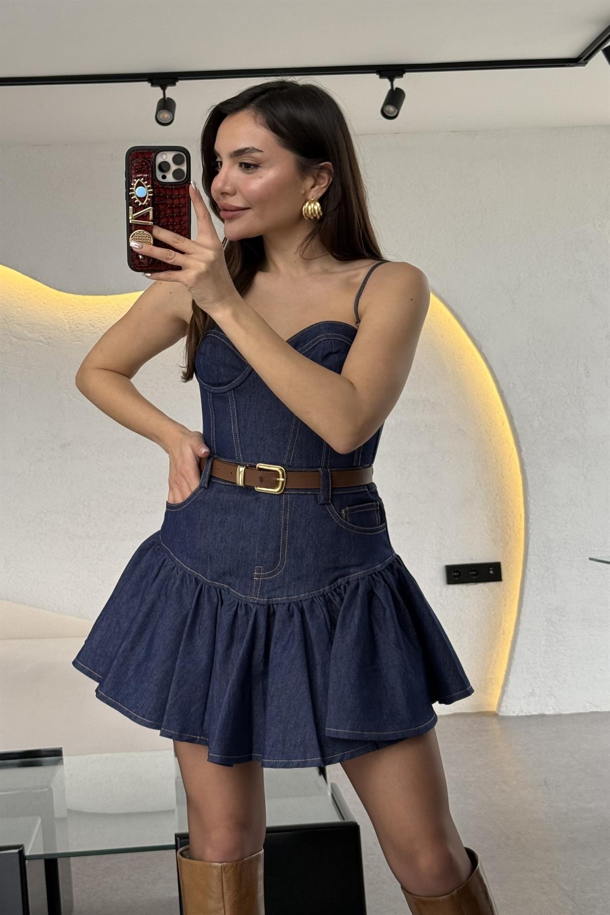 Enrico Korse Kalp Yaka Denim Crop