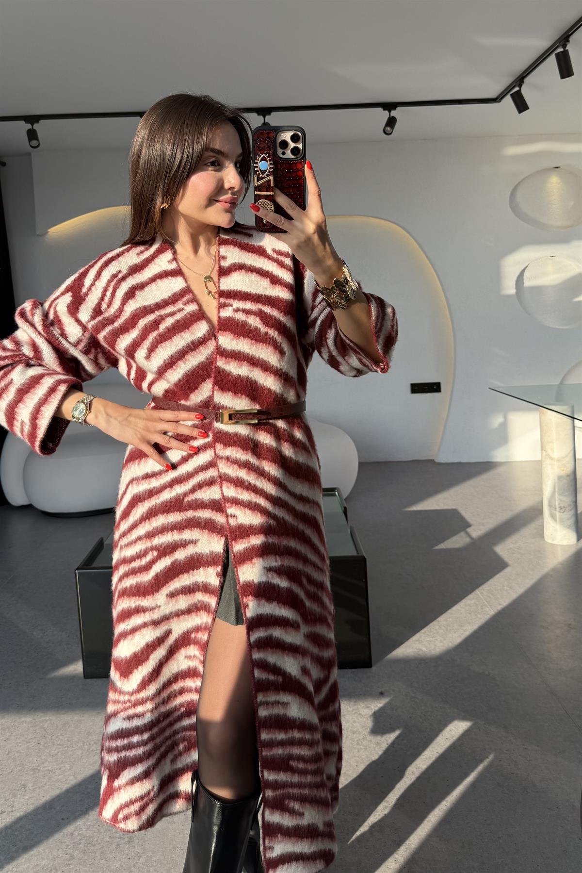 Liente Bordo Zebra Desen Yumoş Hırka