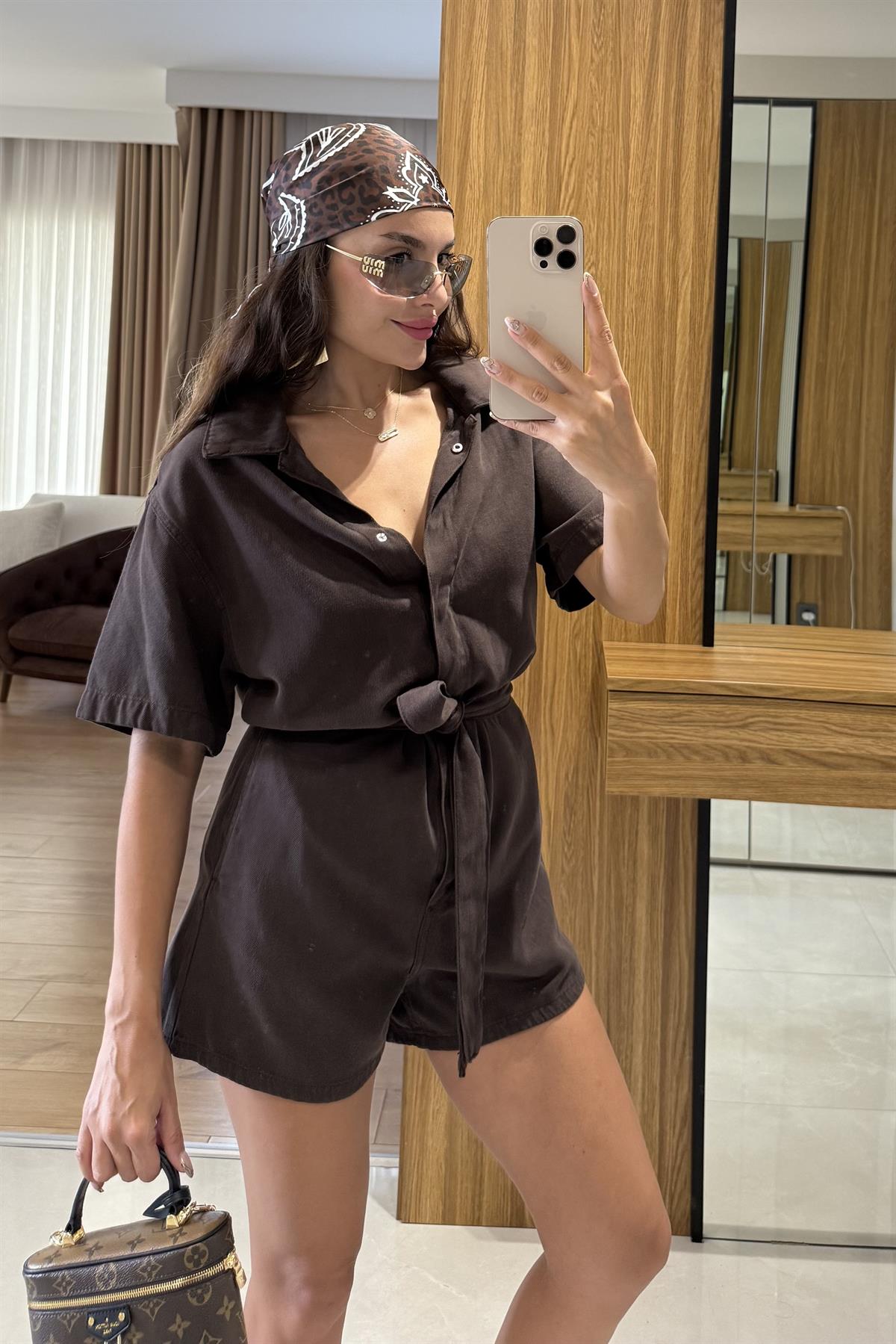 Lier Kahve Dilvin Kuşaklı Kısa Kollu Tulum