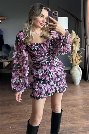Lila çiçekli kat kat şifon elbise