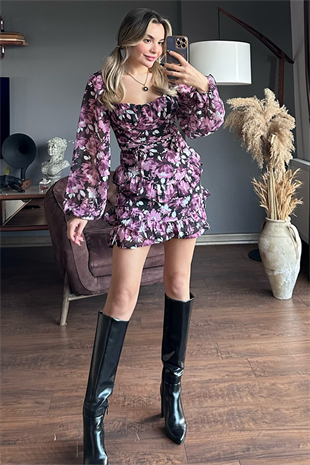 Lila çiçekli kat kat şifon elbise