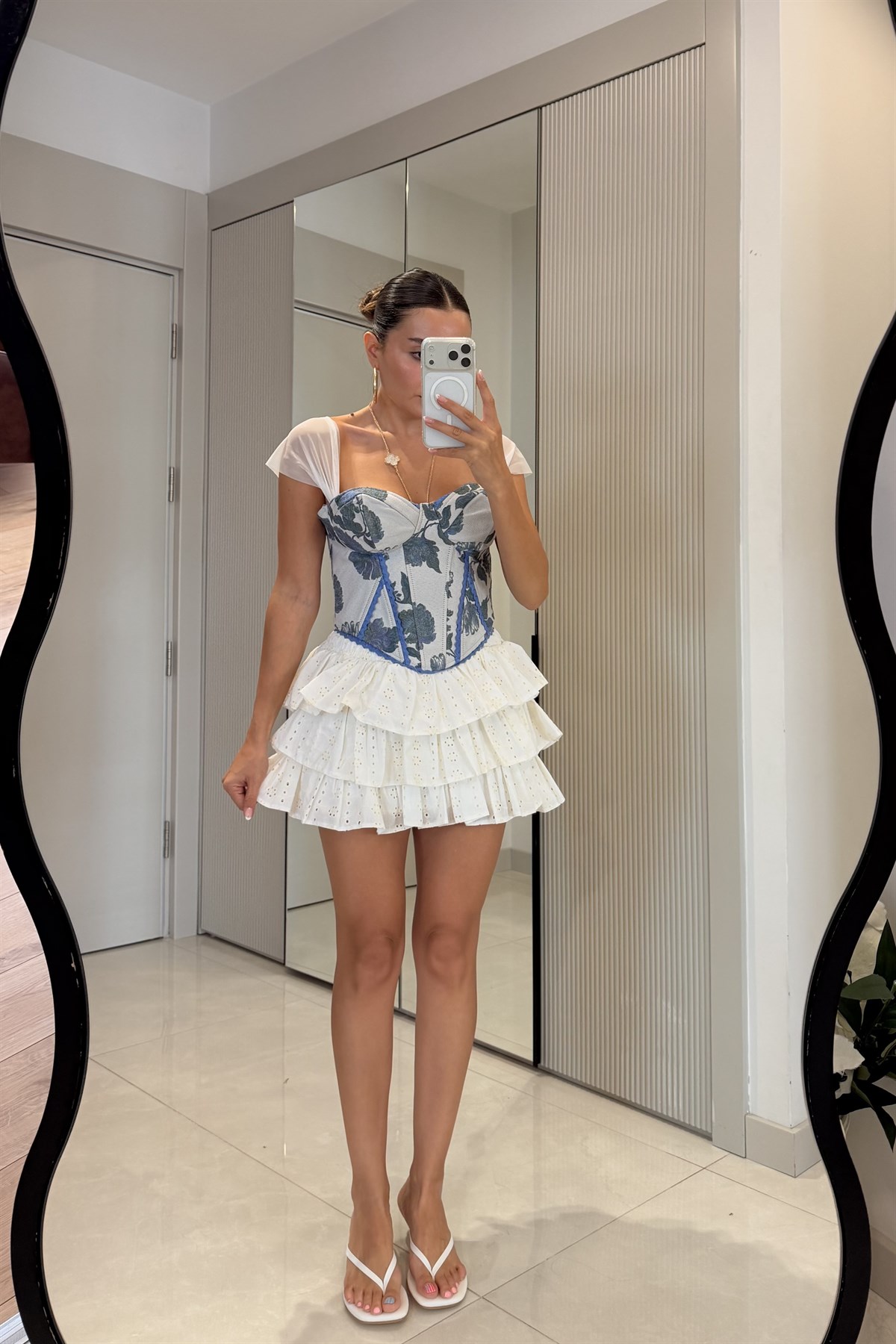 Lilie Mavi Çiçek Desen Korse Büstiyer