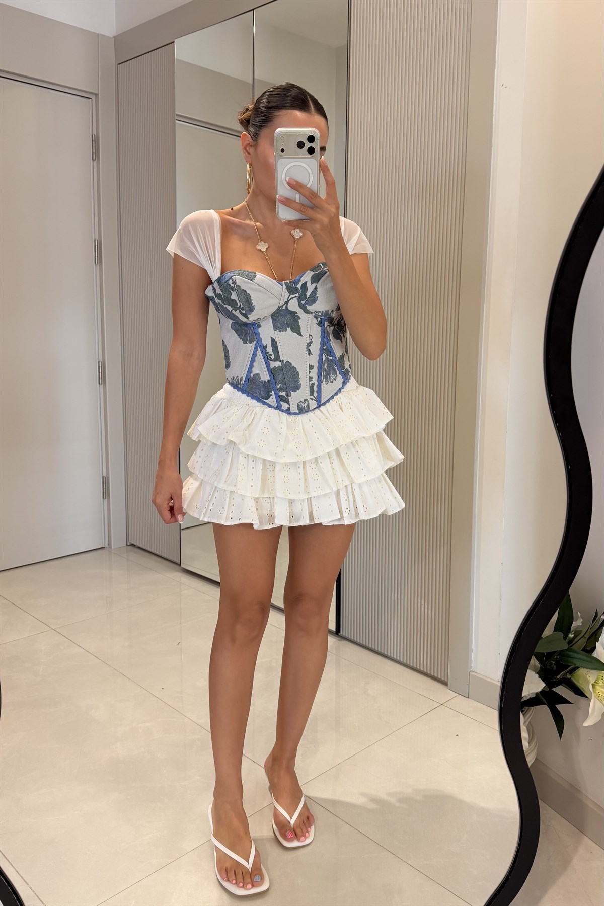 Lilie Mavi Çiçek Desen Korse Büstiyer