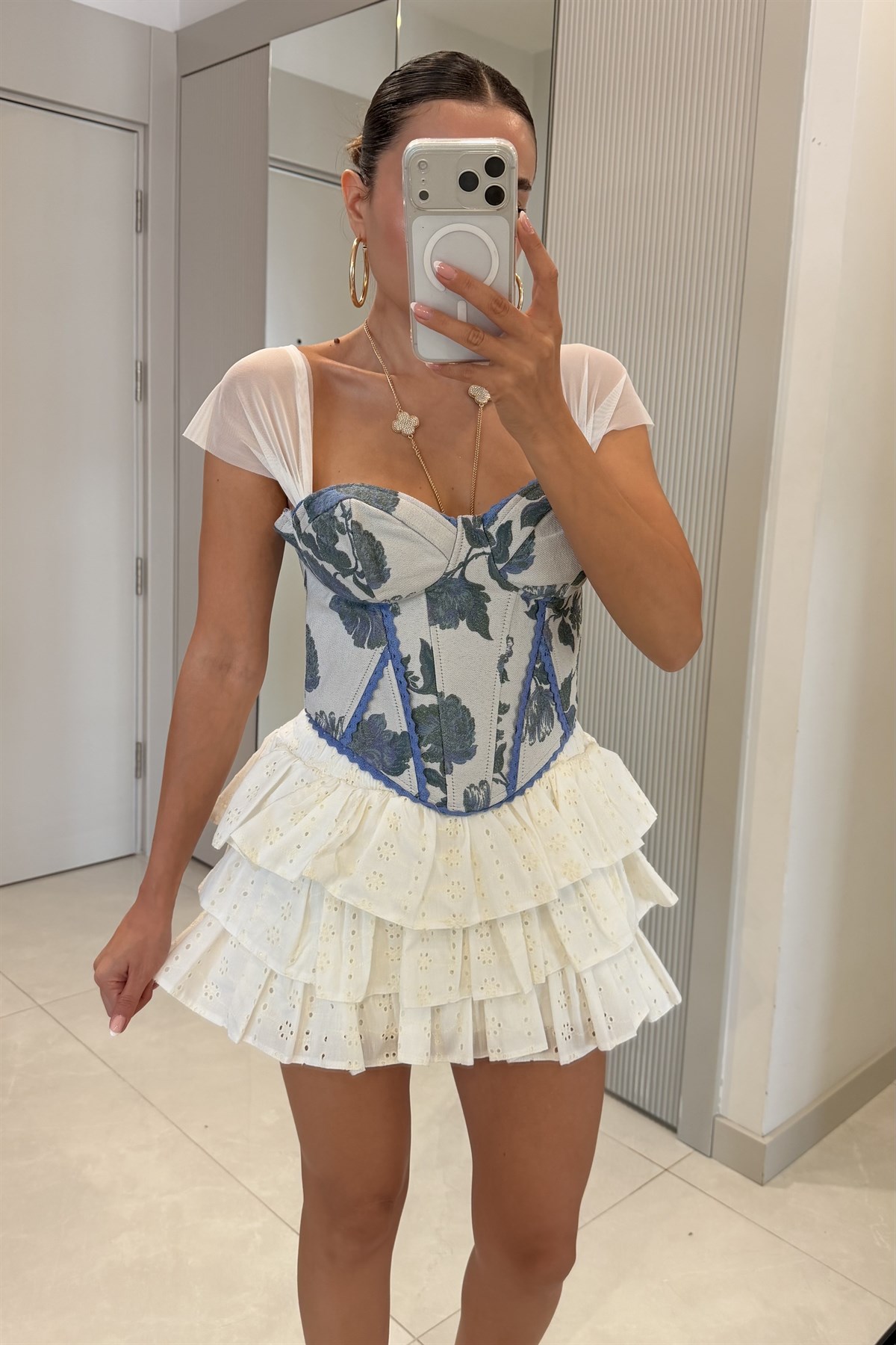Lilie Mavi Çiçek Desen Korse Büstiyer