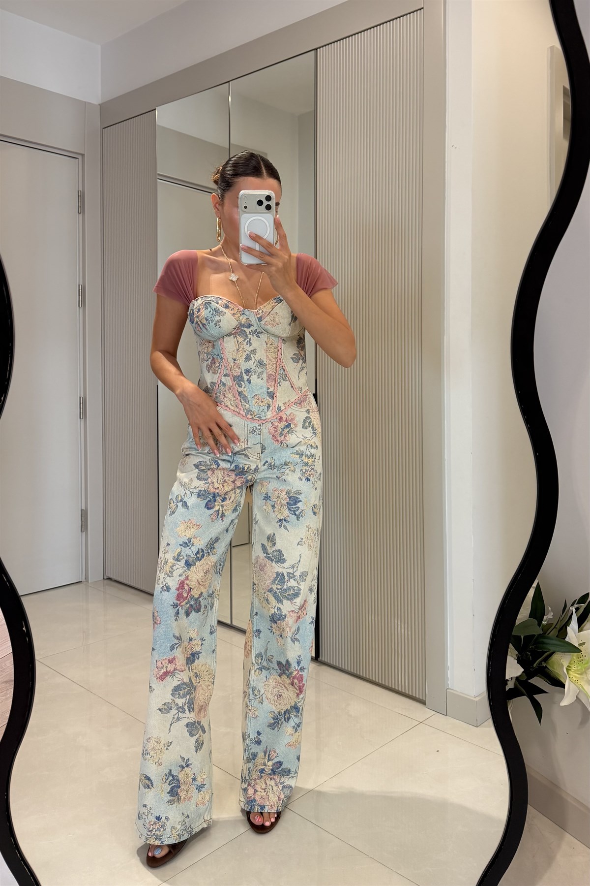 Lilie Pembe Çiçek Desen Korse Büstiyer