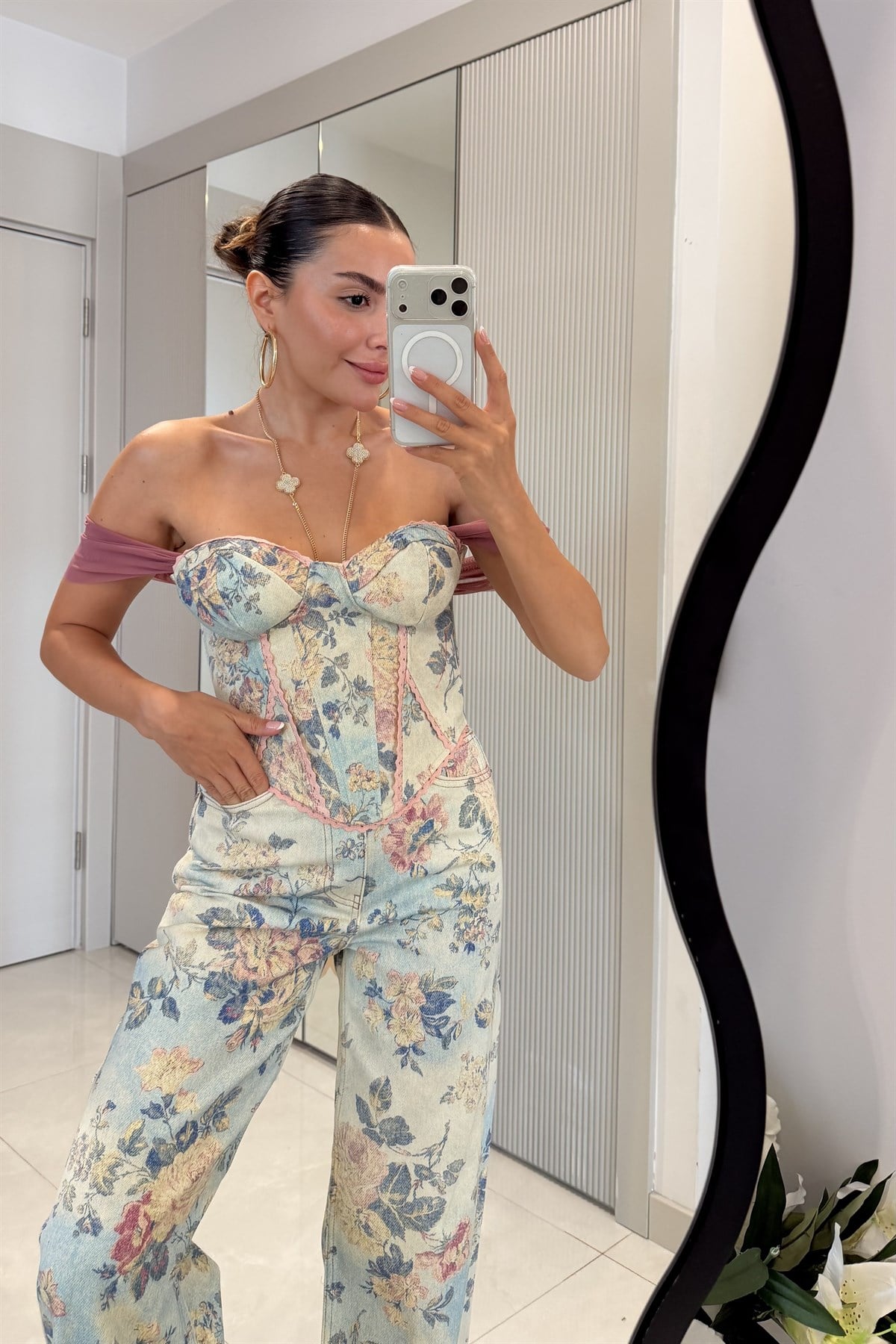 Lilie Pembe Çiçek Desen Korse Büstiyer