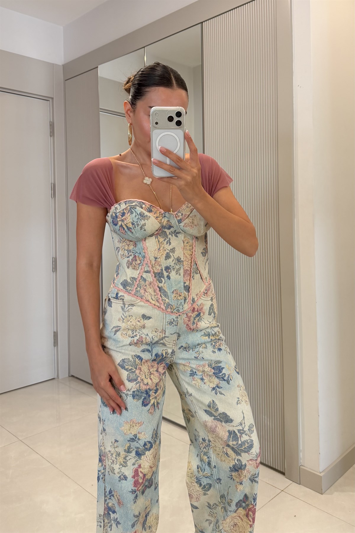 Lilie Pembe Çiçek Desen Korse Büstiyer