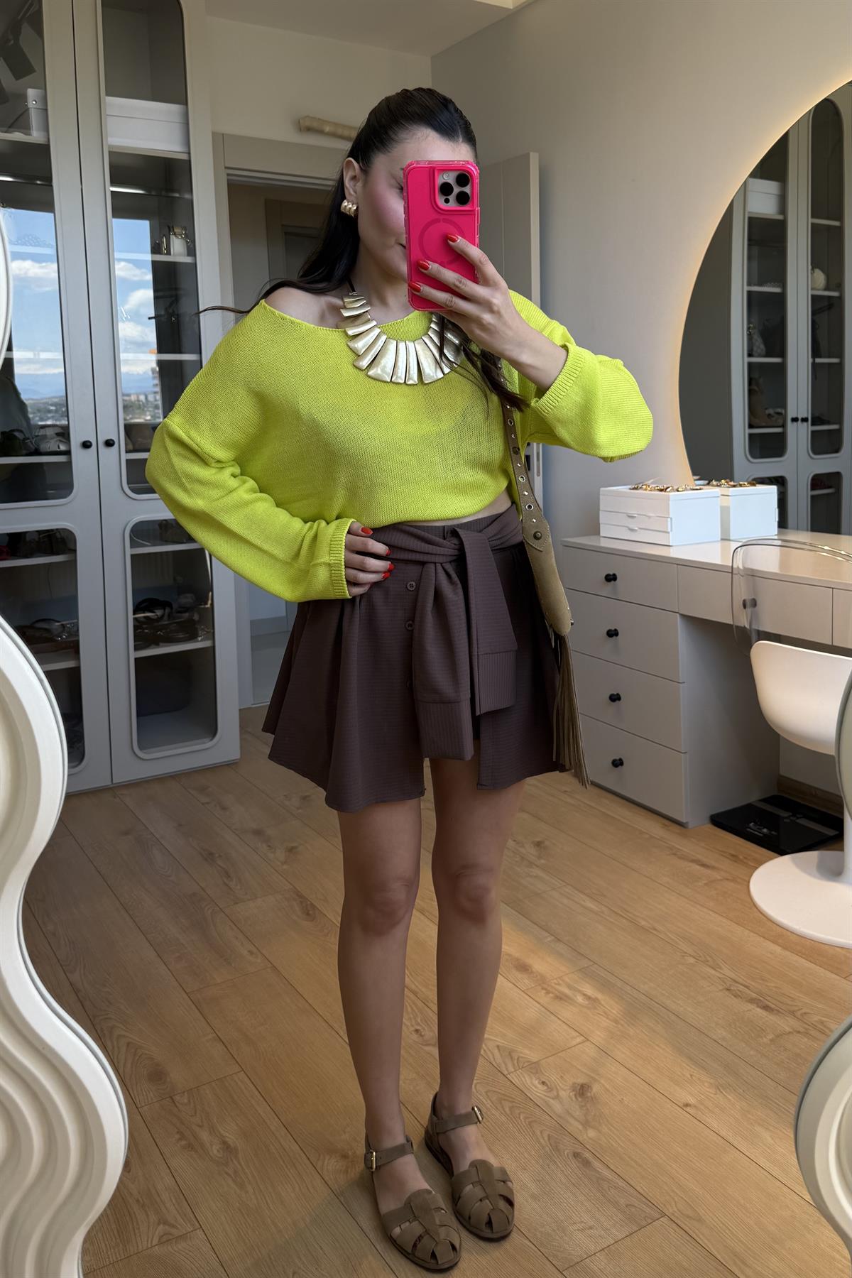 Lilith Kahve Tasarım Gömlek Bağlamalı Şort Etek