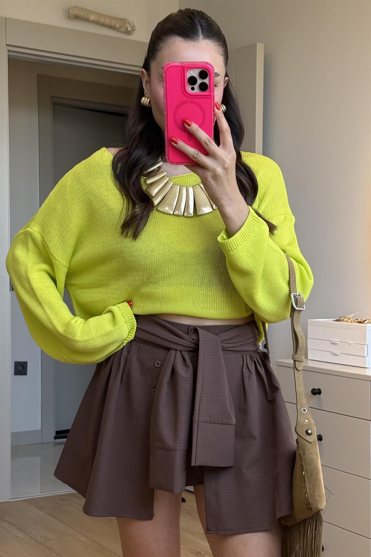 Lilith Kahve Tasarım Gömlek Bağlamalı Şort Etek