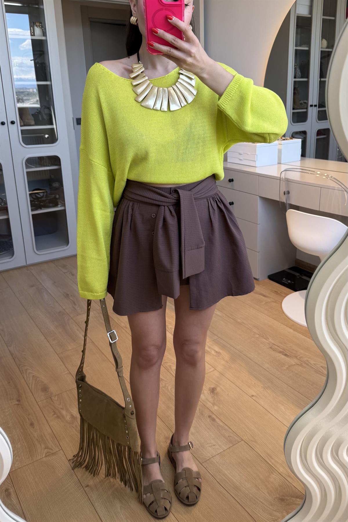 Lilith Kahve Tasarım Gömlek Bağlamalı Şort Etek