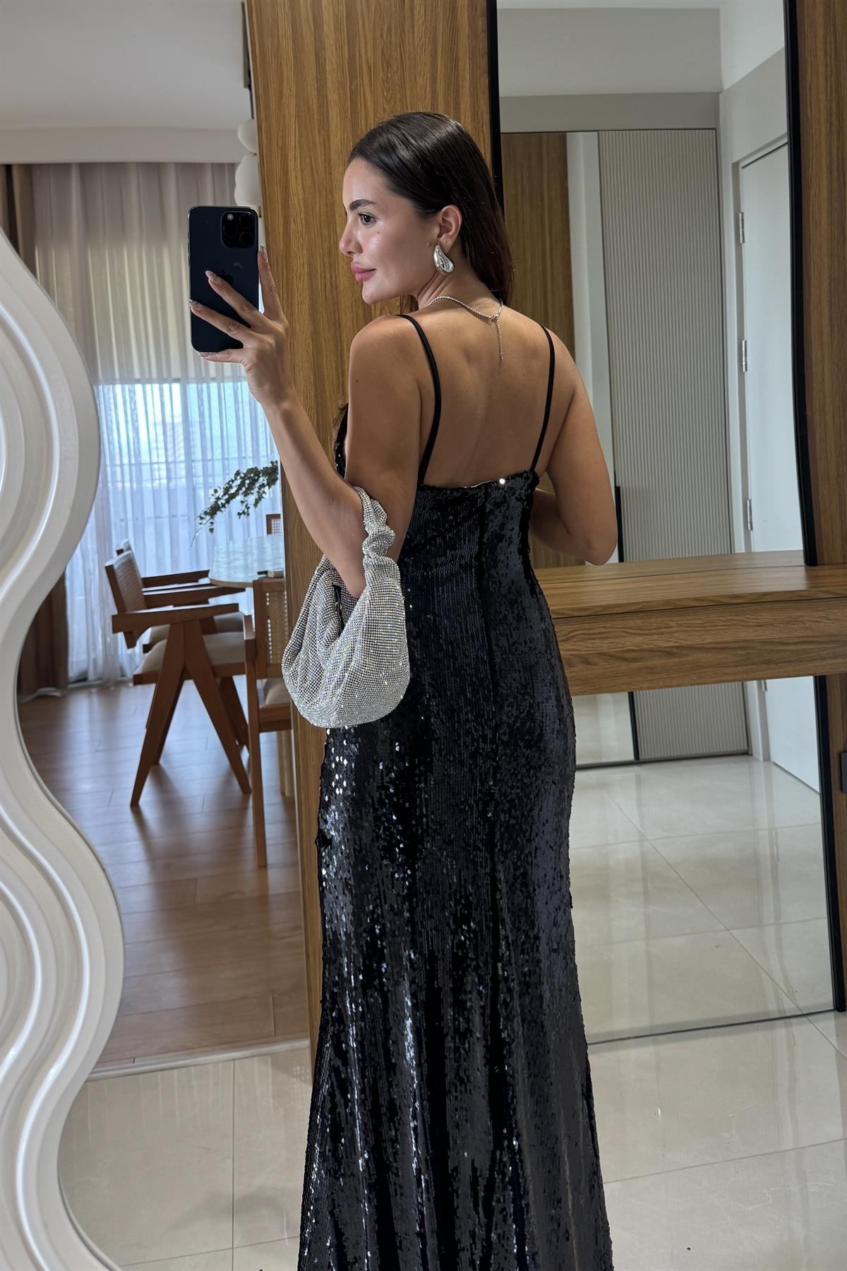 Lillie Siyah Payetli Askılı Elbise