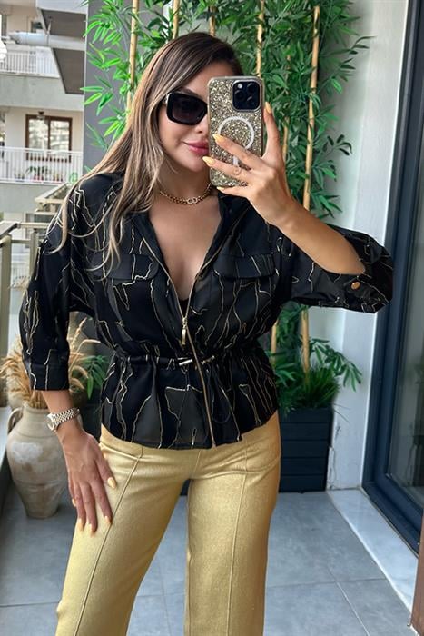 Line gold geçişli simli tül ceket
