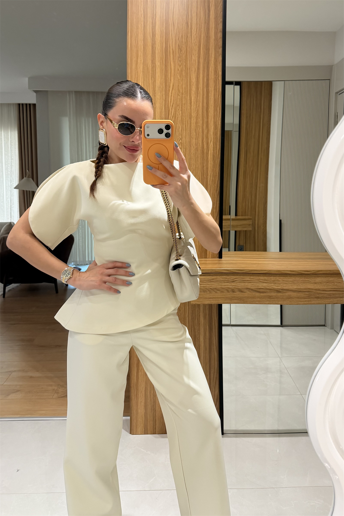 Linea Bej Balon Kol Asimetrik Bluz Pantolon Takım