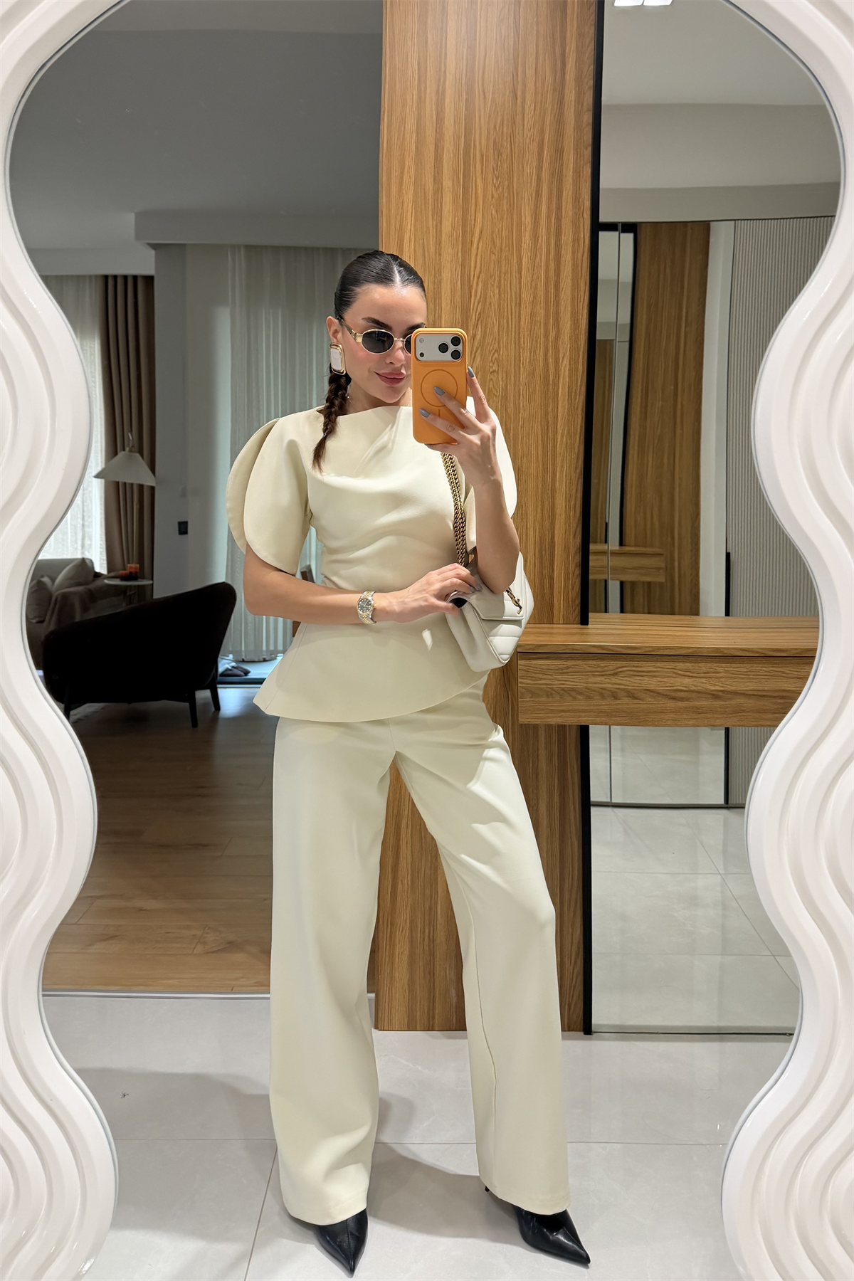 Linea Bej Balon Kol Asimetrik Bluz Pantolon Takım