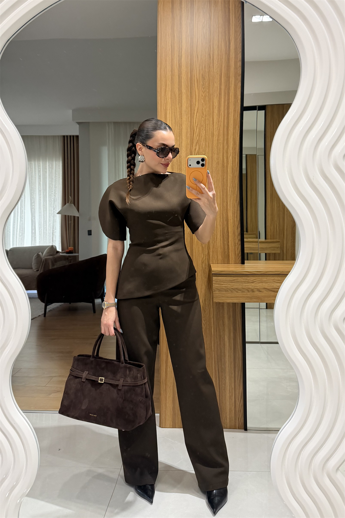 Linea Kahve Balon Kol Asimetrik Bluz Pantolon Takım
