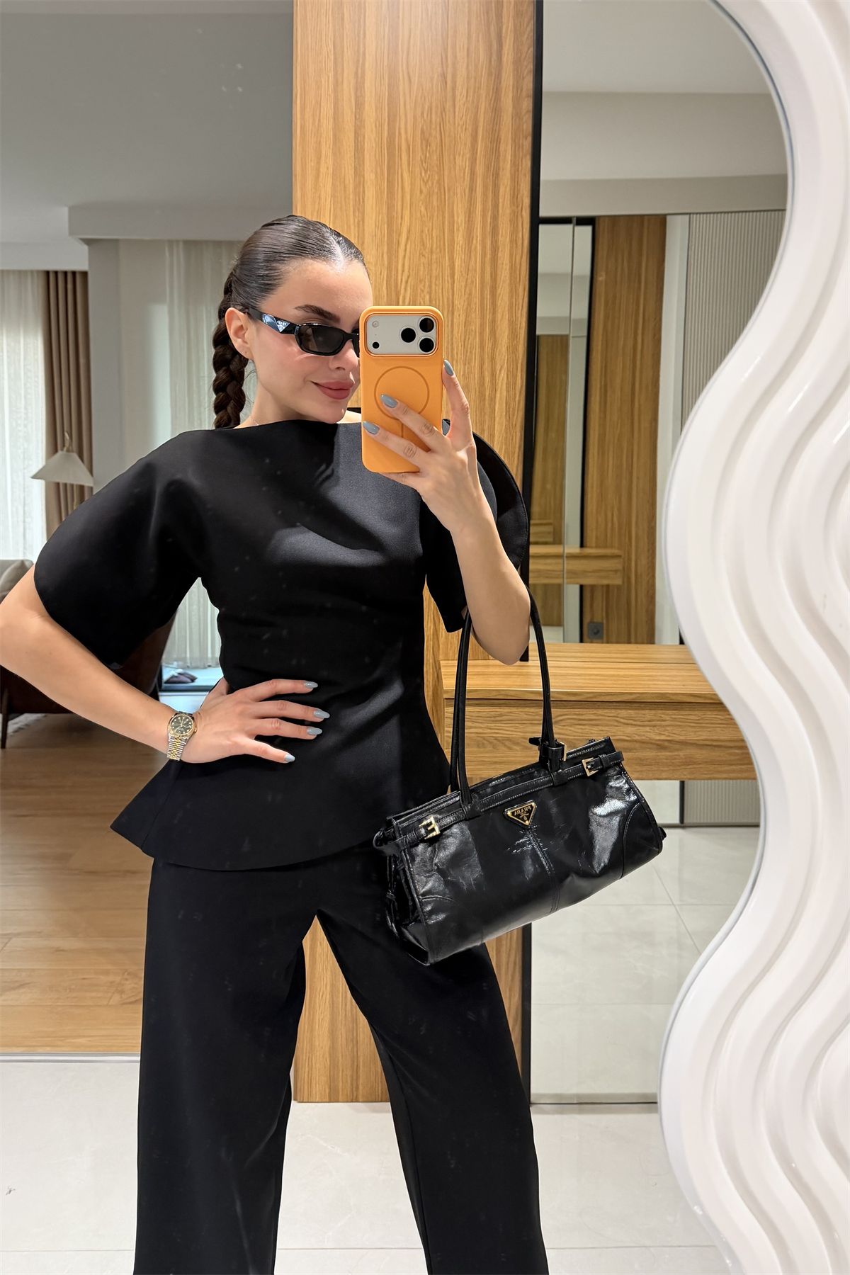 Linea Siyah Balon Kol Asimetrik Bluz Pantolon Takım