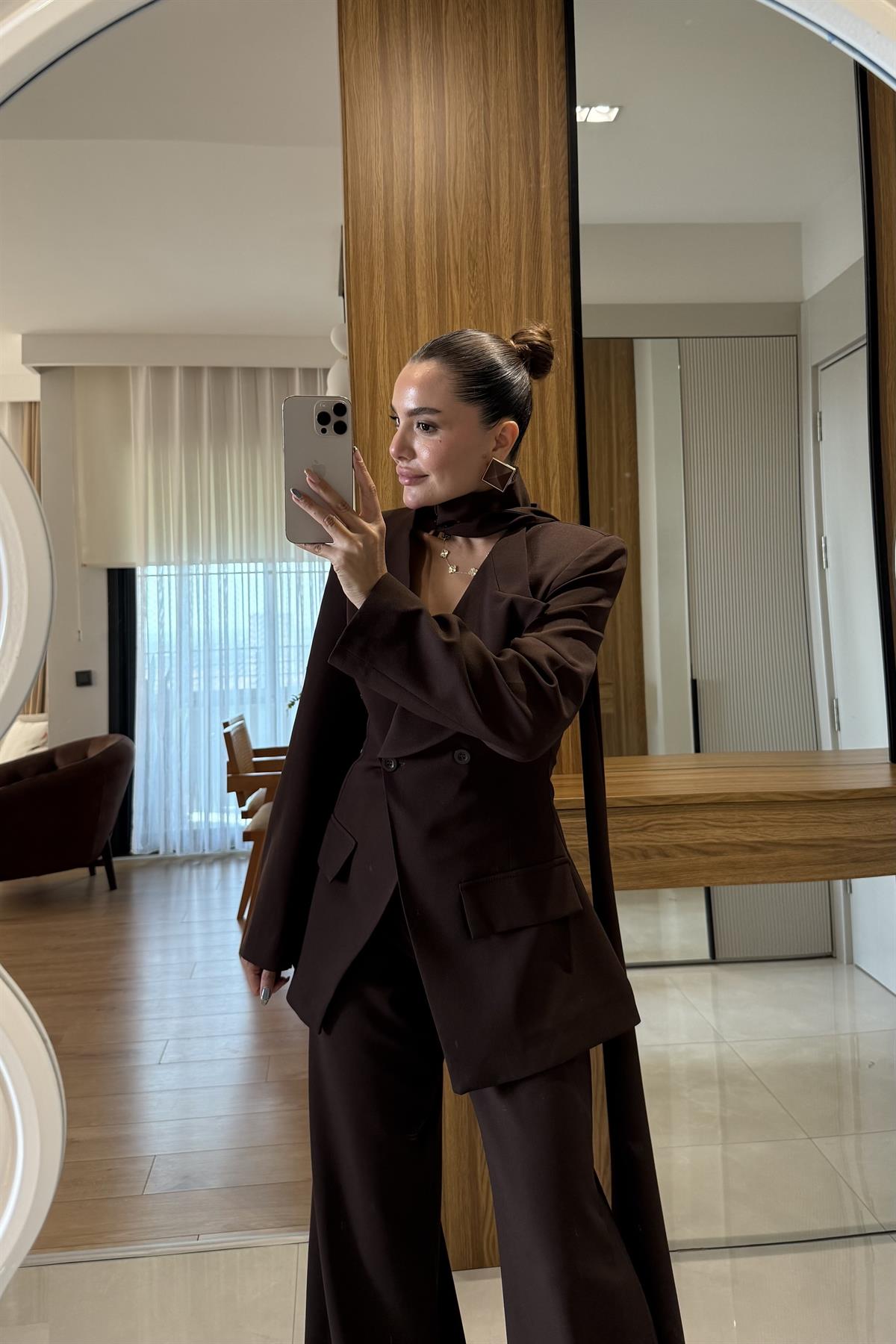 Liner Kahve Şallı Kruvaze Ceket ve Palazzo Pantolon Premium Tasarım Takım