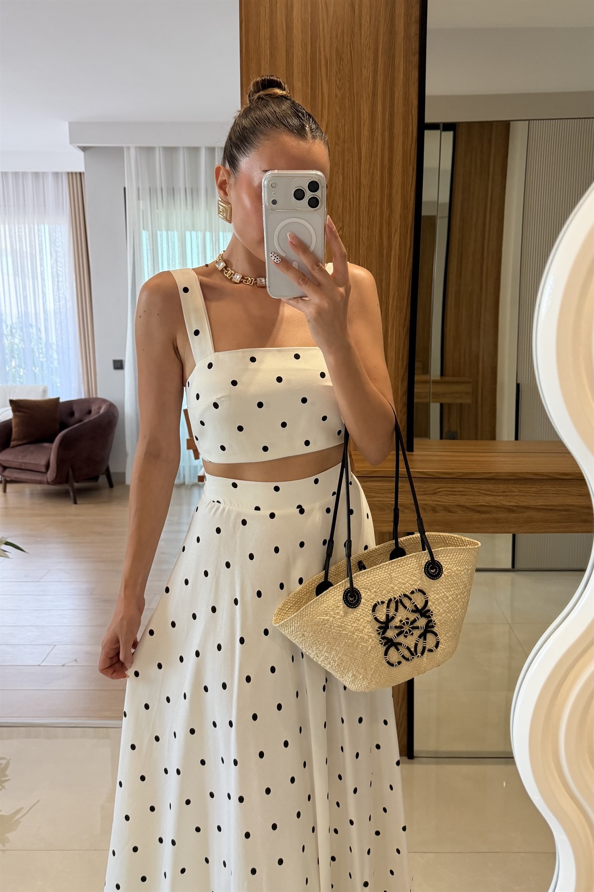 Linna Puantiyeli Etek Crop Takım