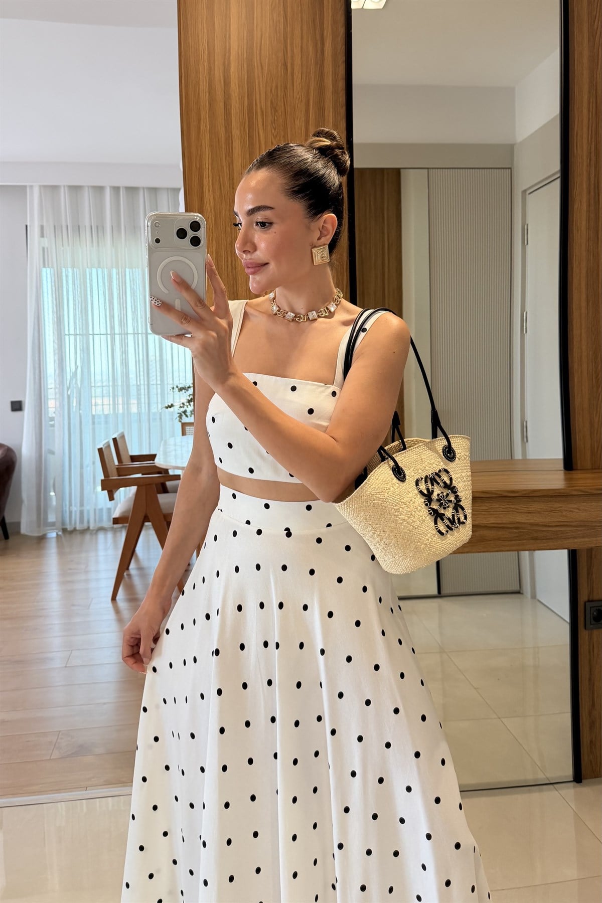 Linna Puantiyeli Etek Crop Takım