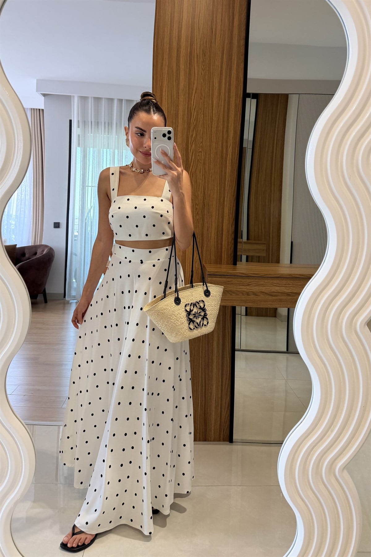 Linna Puantiyeli Etek Crop Takım