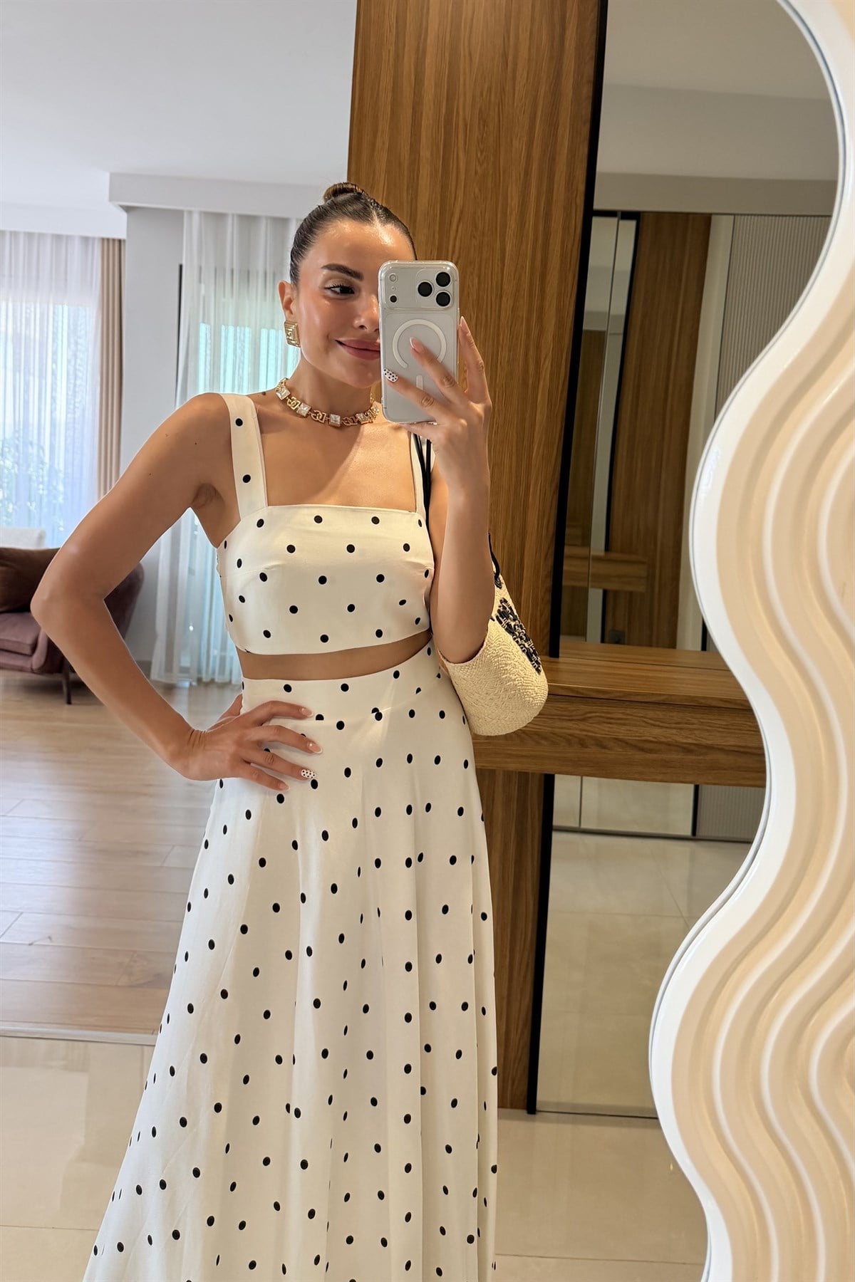 Linna Puantiyeli Etek Crop Takım