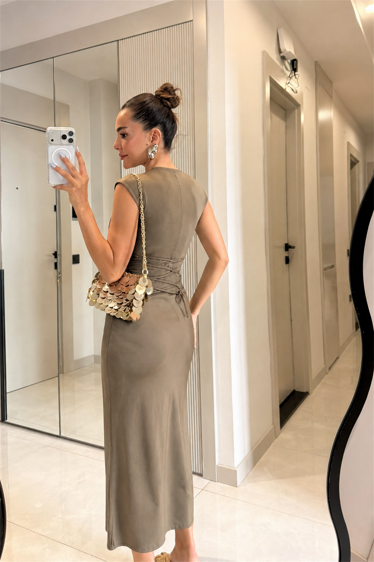 Linora Haki Büzgülü Yırtmaçlı Elbise