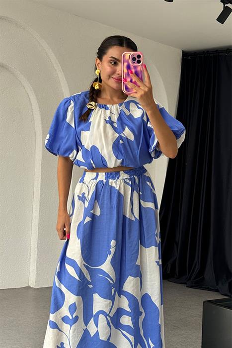 Liona Mavi Desenli Maxi Etek 