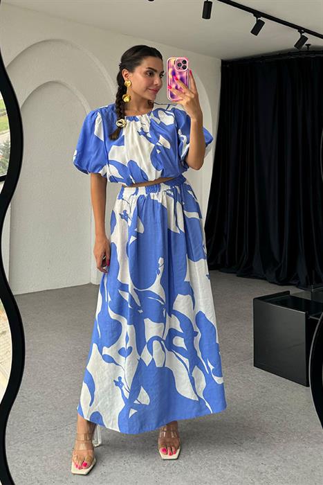 Liona Mavi Desenli Maxi Etek 