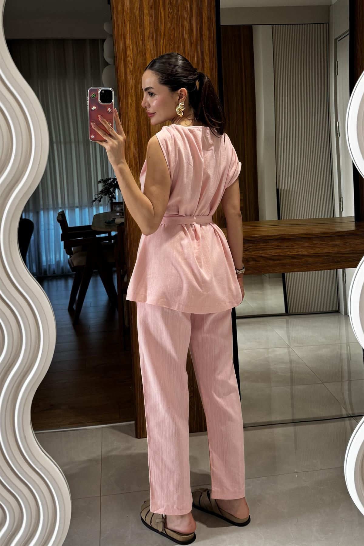 Lipa Pembe Omuz Detay Kuşaklı Takım