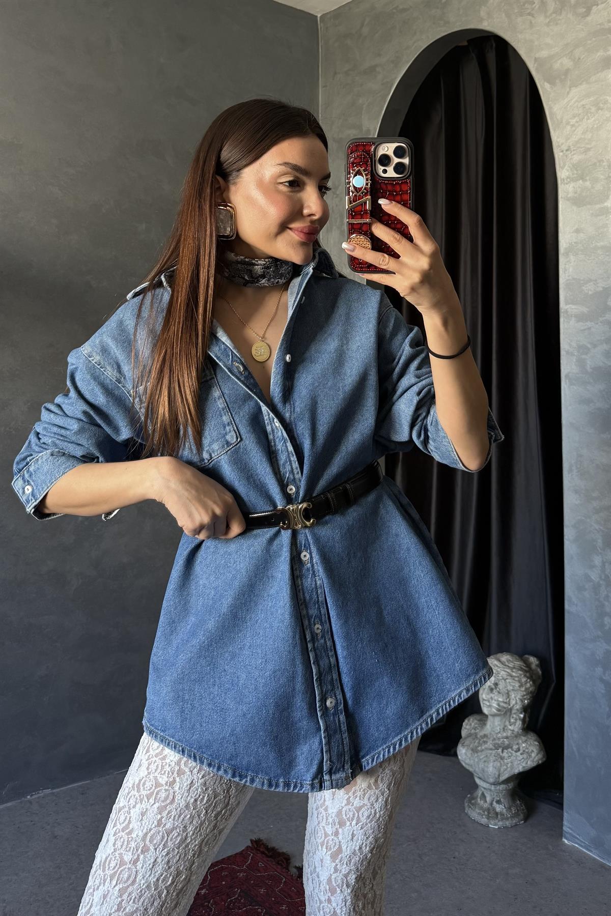 Lısbonne Yazılı Denim Gömlek