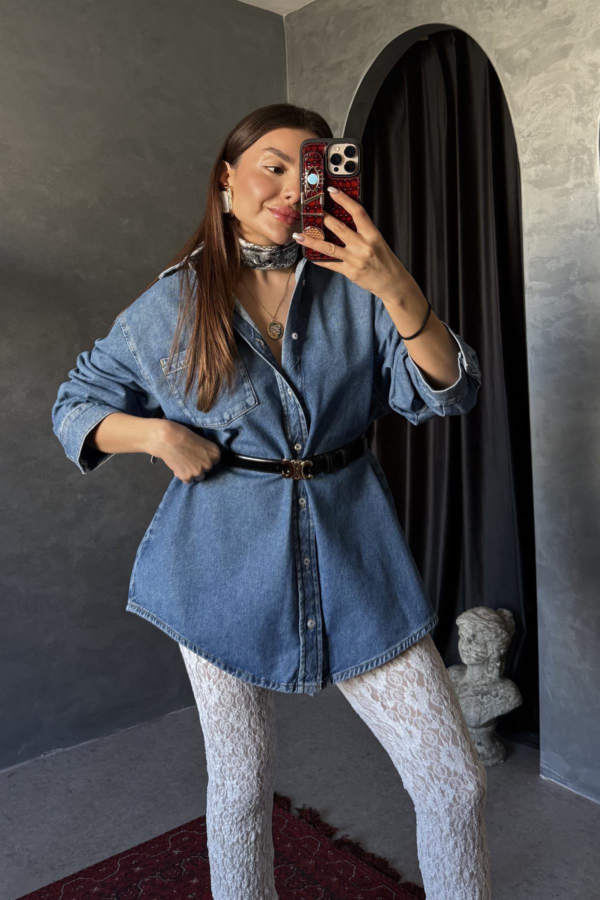 Lısbonne Yazılı Denim Gömlek