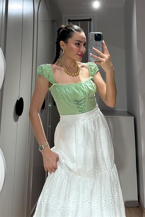 Livu Dantel Geçişli Pinterest Crop - Su Yeşil