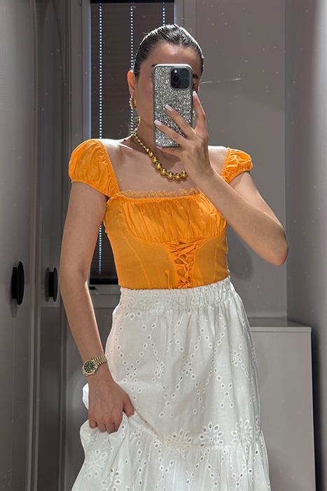 Livu Dantel Geçişli Pinterest Crop - Turuncu