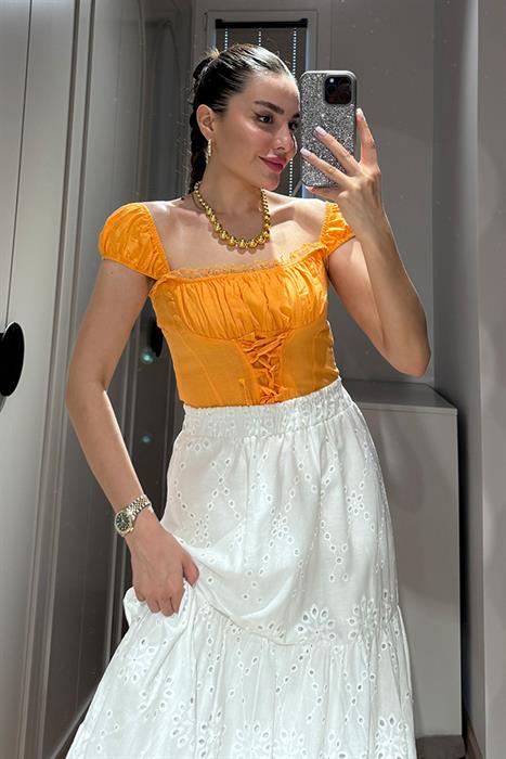 Livu Dantel Geçişli Pinterest Crop - Turuncu