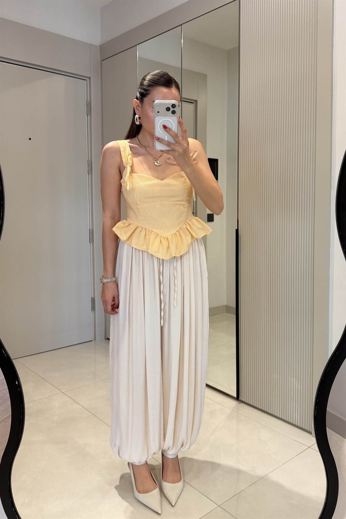 Lizbon Krem Saten Şalvar Pantolon