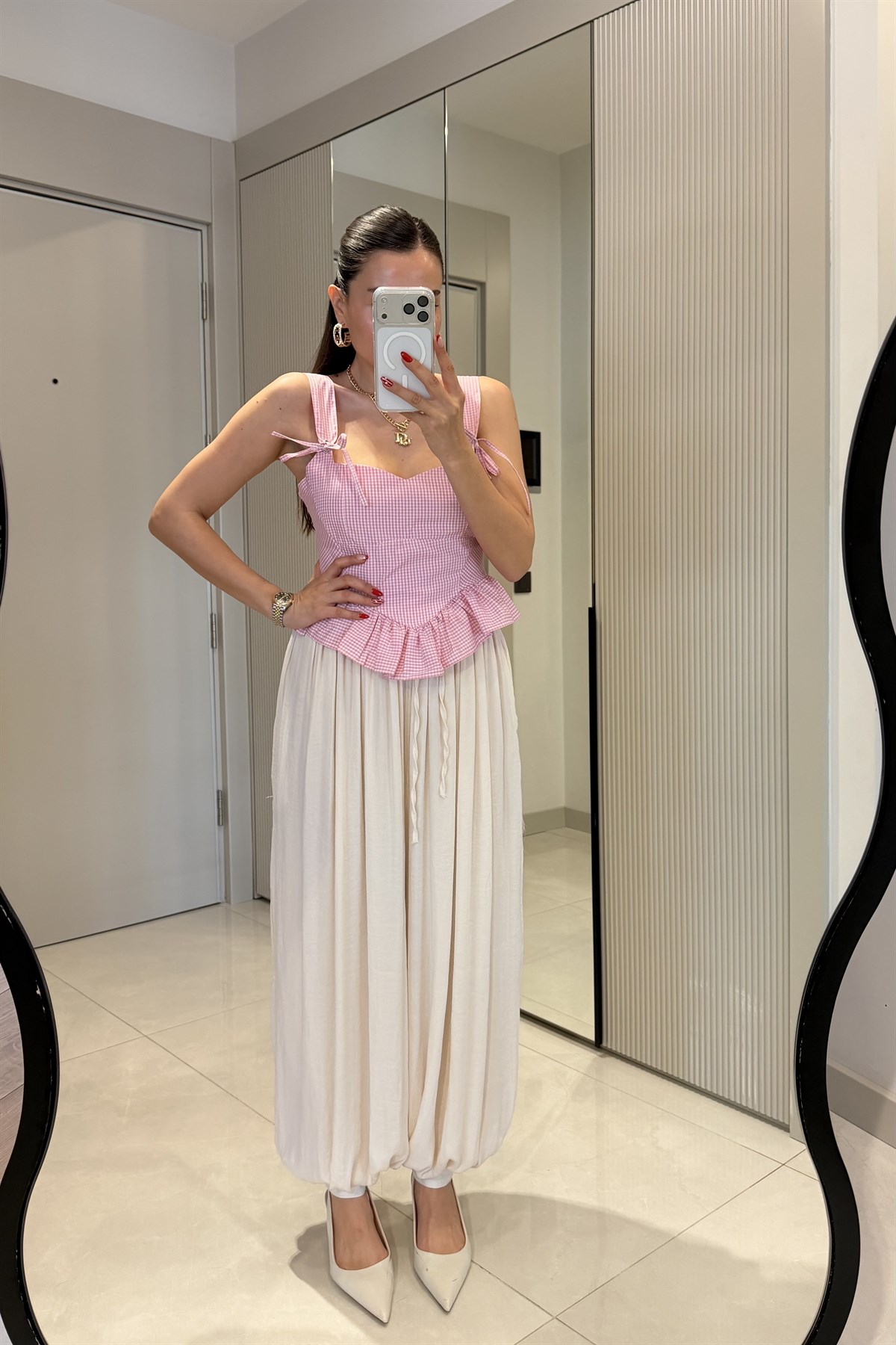 Lizbon Krem Saten Şalvar Pantolon