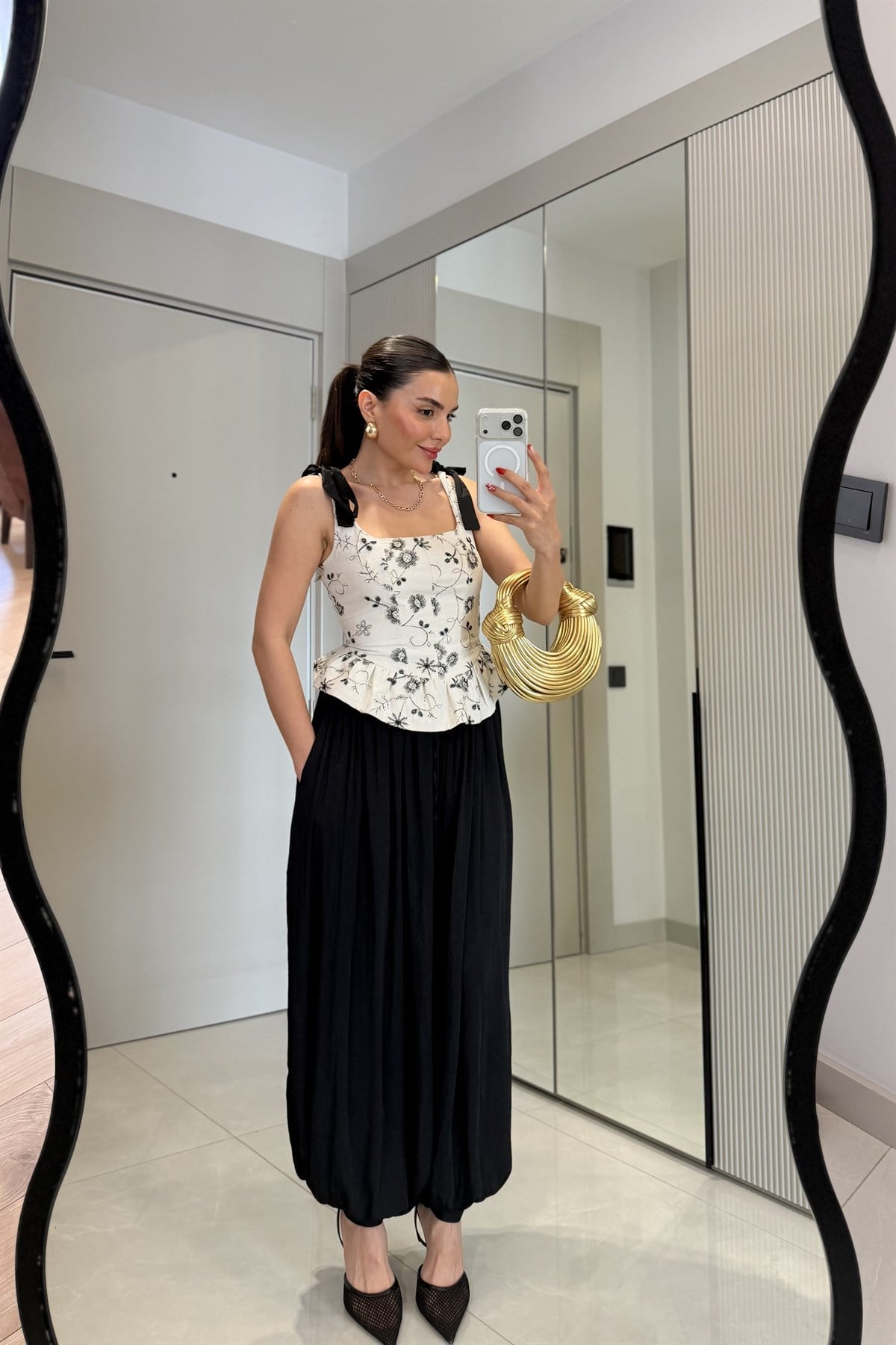 Lizbon Siyah Saten Şalvar Pantolon