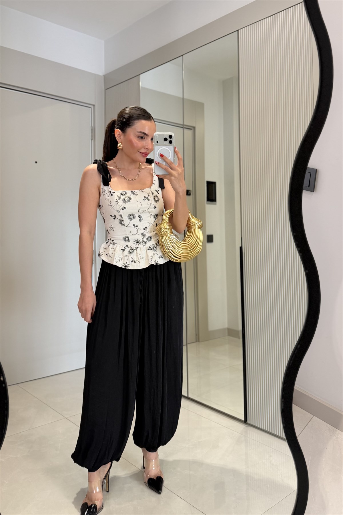 Lizbon Siyah Saten Şalvar Pantolon