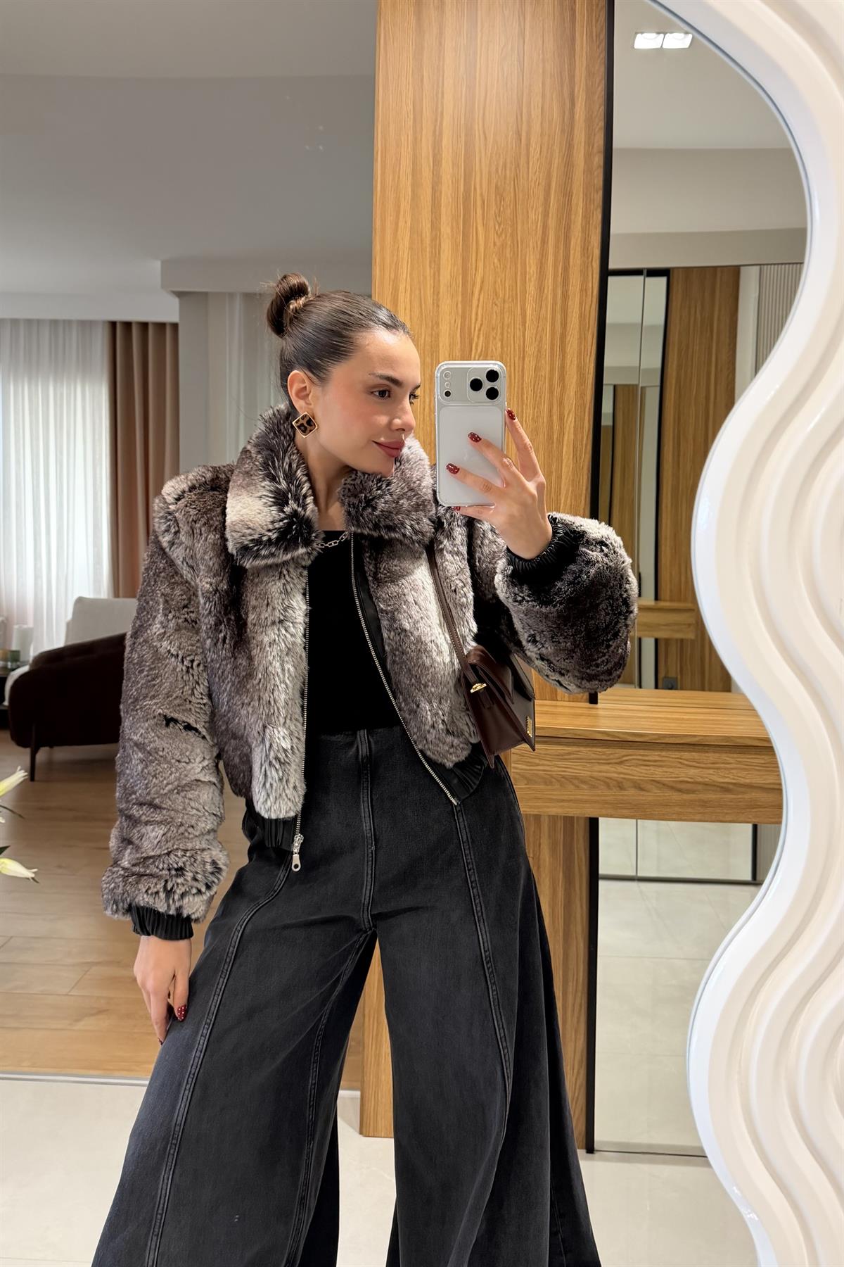 Lizzie Kahve Fermuarlı Crop Kürk 